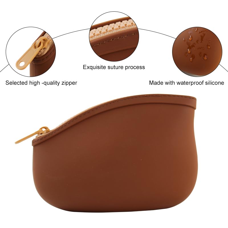 WHHJM Small Makeup Bag Premium Silicone Purse Bag Multifunctional Essential Bag Zipper Pouch Water and Heat Resistant (Brown) - Image 3